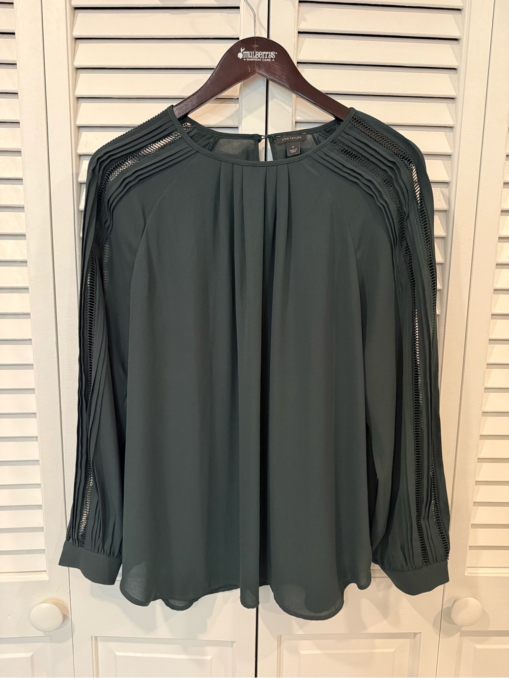 Ann Taylor Dark Green Long-Sleeve Ladder-Trim Blouse